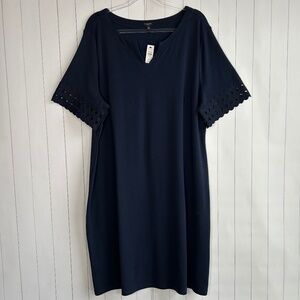 Talbots plus size 2X midi shift dress lace sleeve navy 100% cotton split neck